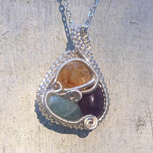 Citrine, Aquamarine, Amethyst Silverplated Necklace